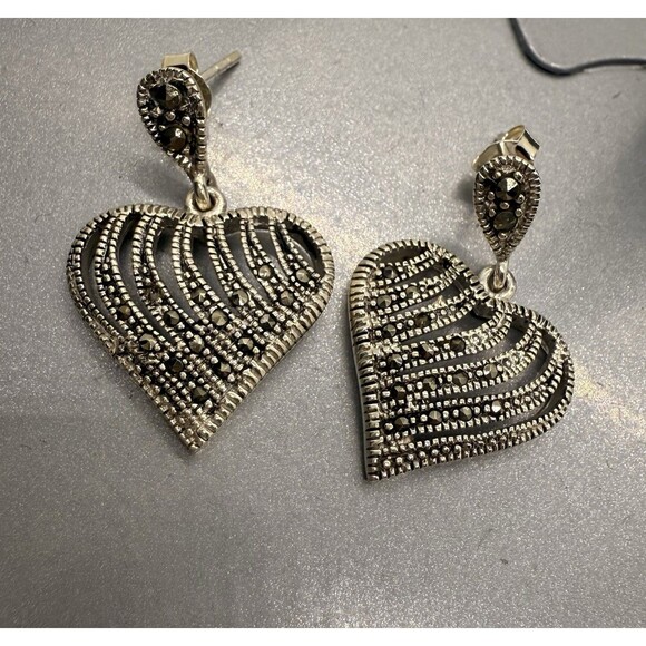 Vintage Heart Shaped Sterling Silver 925 & Marcasite Earrings Diamond Read Descr - Picture 9 of 12